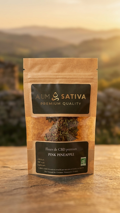 Fleur CBD bio Francais Aum Sativa cultivée au cœur du Parc National des Cévennes en Lozère depuis 2020